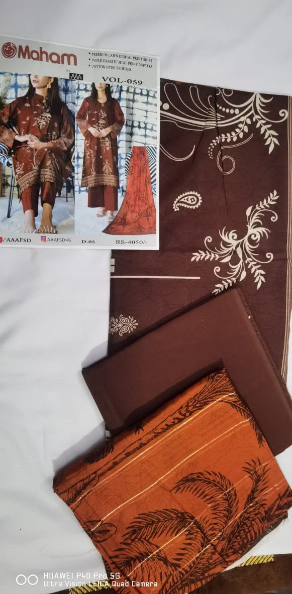 Lara Studio Maham Libas Vol-059 | Premium Lawn 3-Piece Suit – Digital Print Shirt, Voile Zari Dupatta & Cotton Trouser
