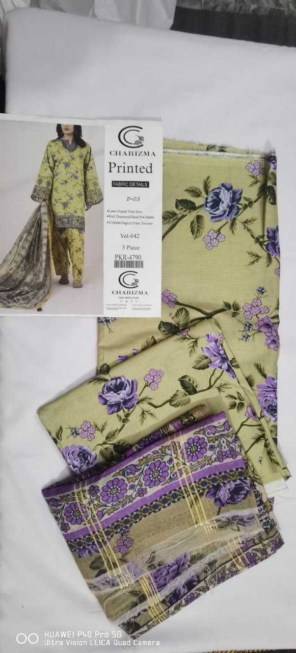 Lara Studio Charizma D-02 Lawn 3-Piece Suit | Digital Print Shirt, Voil Diamond Dupatta & Cotton Trouser – Vol 042
