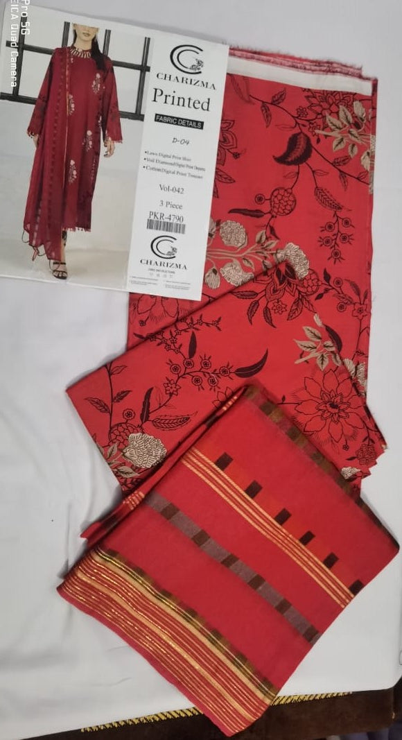Lara Studio Charizma D-02 Lawn 3-Piece Suit | Digital Print Shirt, Voil Diamond Dupatta & Cotton Trouser – Vol 042