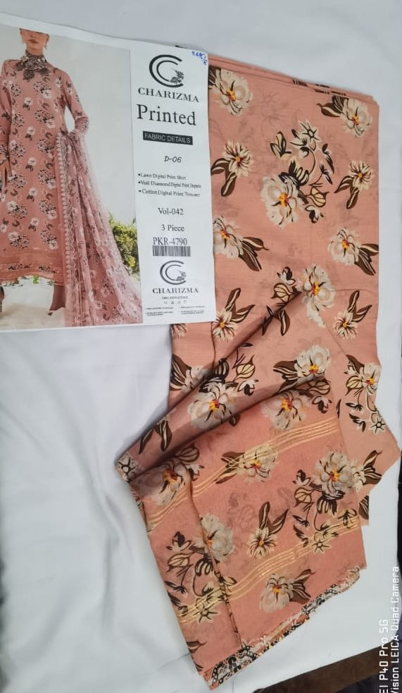 Lara Studio Charizma D-02 Lawn 3-Piece Suit | Digital Print Shirt, Voil Diamond Dupatta & Cotton Trouser – Vol 042