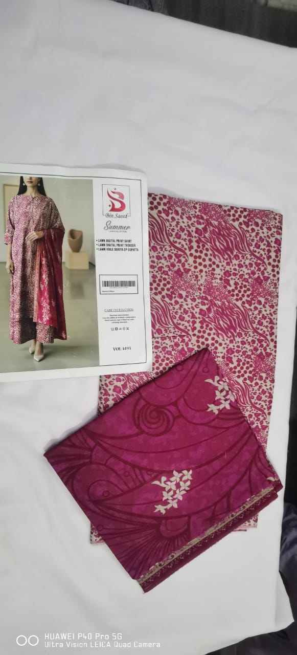 Lara Studio – Bin Saeed Summer Lawn Collection Vol-1493 | Digital Print Lawn Suit with Voile Doriya Dupatta – PKR 3699