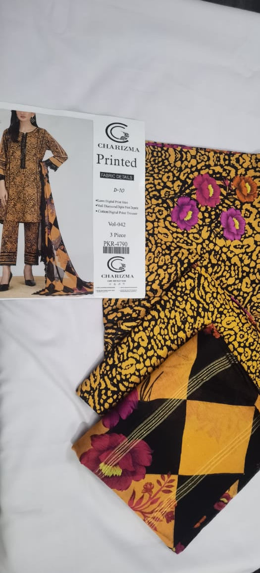 Lara Studio – Charizma Printed Collection Vol-042 D-10 | Lawn Digital Print Suit with Voil Diamond Dupatta – PKR 3699
