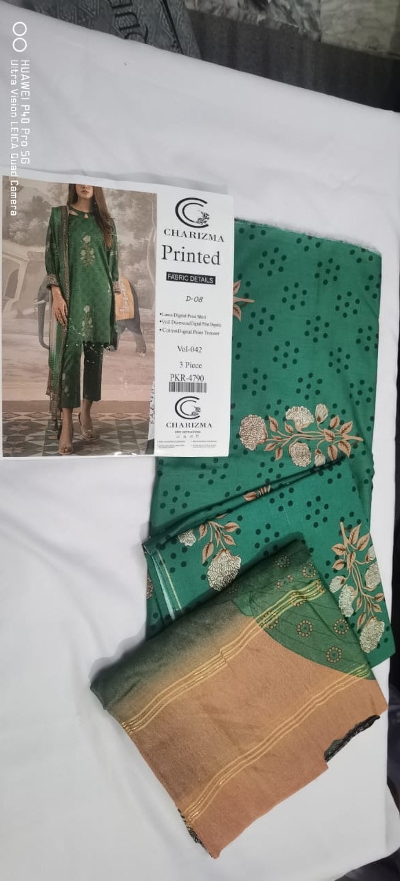 Lara Studio – Charizma Printed Vol-42 D-08 | 3-Piece Lawn Digital Print Suit with Voil Diamond Dupatta – PKR 3699