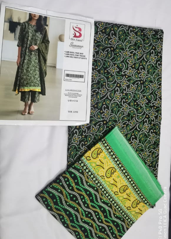 Lara Studio – Bin Saeed Summer Lawn Collection Vol-1493 | Digital Print Lawn Suit with Voile Doriya Dupatta – PKR 3699