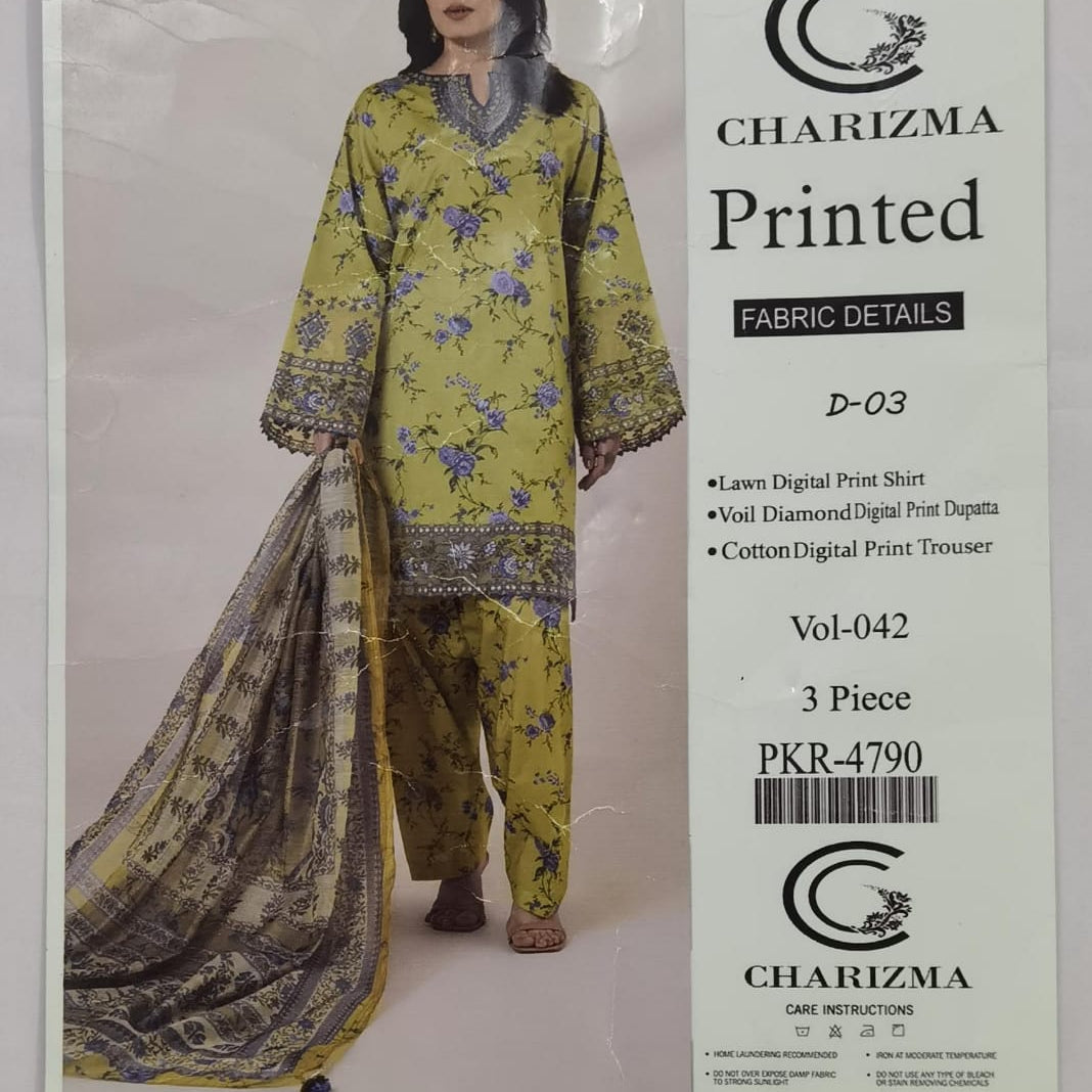 Lara Studio Charizma D-02 Lawn 3-Piece Suit | Digital Print Shirt, Voil Diamond Dupatta & Cotton Trouser – Vol 042