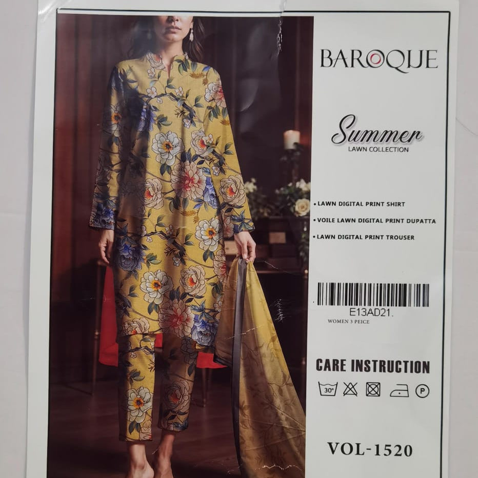 Lara Studio Baroque Summer Lawn Collection Vol-1520 | 3-Piece Lawn Suit – Digital Print Shirt, Voile Dupatta & Lawn Trouser