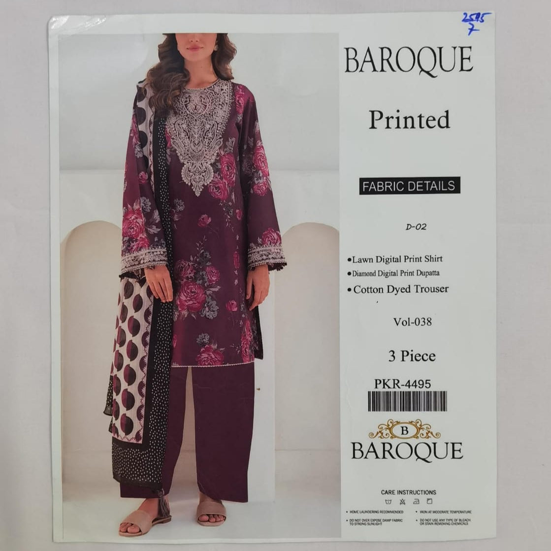 Lara Studio Baroque D-02 | 3-Piece Lawn Suit – Digital Print Shirt, Diamond Dupatta & Cotton Trouser – Vol 038