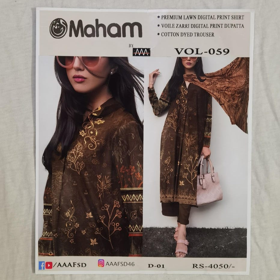 Lara Studio – Maham Libas Vol-59 | Premium Lawn Digital Print Suit with Voile Zarri Dupatta – PKR 3499