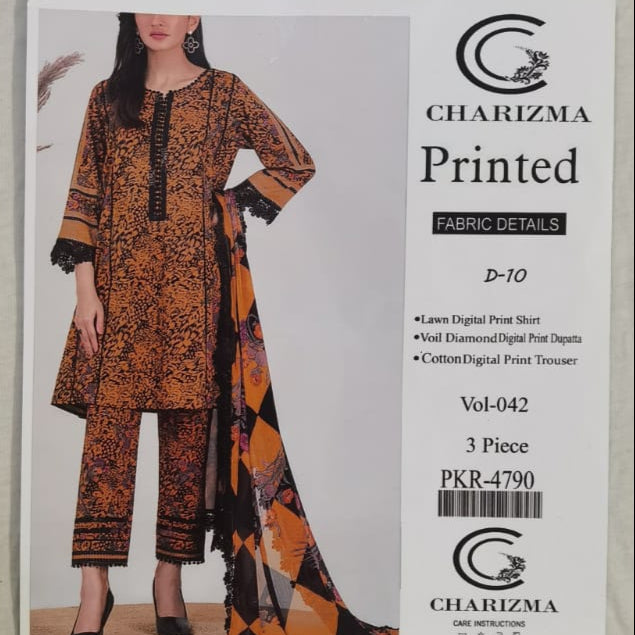 Lara Studio – Charizma Printed Collection Vol-042 D-10 | Lawn Digital Print Suit with Voil Diamond Dupatta – PKR 3699