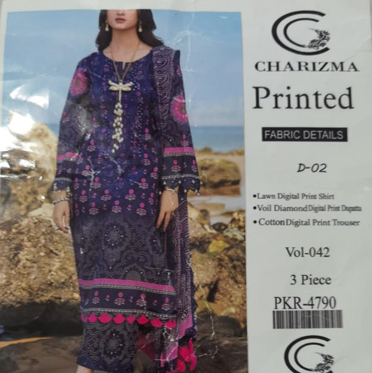 Lara Studio Charizma D-02 Lawn 3-Piece Suit | Digital Print Shirt, Voil Diamond Dupatta & Cotton Trouser – Vol 042