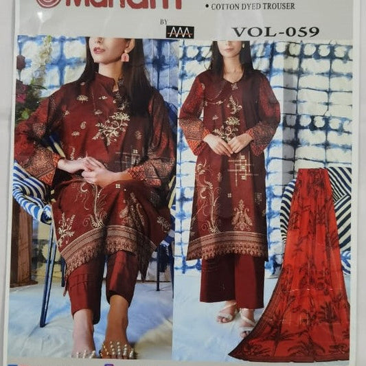 Lara Studio Maham Libas Vol-059 | Premium Lawn 3-Piece Suit – Digital Print Shirt, Voile Zari Dupatta & Cotton Trouser