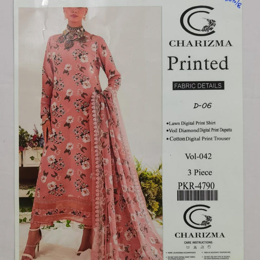 Lara Studio Charizma D-02 Lawn 3-Piece Suit | Digital Print Shirt, Voil Diamond Dupatta & Cotton Trouser – Vol 042