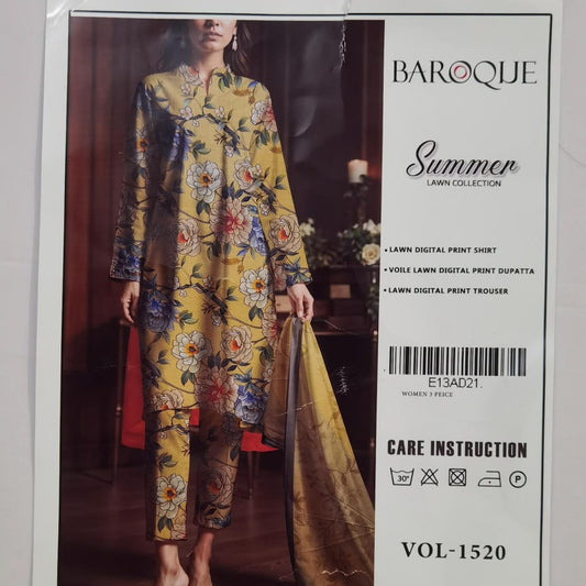 Lara Studio Baroque Summer Lawn Collection Vol-1520 | 3-Piece Lawn Suit – Digital Print Shirt, Voile Dupatta & Lawn Trouser