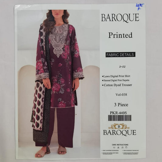 Lara Studio Baroque D-02 | 3-Piece Lawn Suit – Digital Print Shirt, Diamond Dupatta & Cotton Trouser – Vol 038
