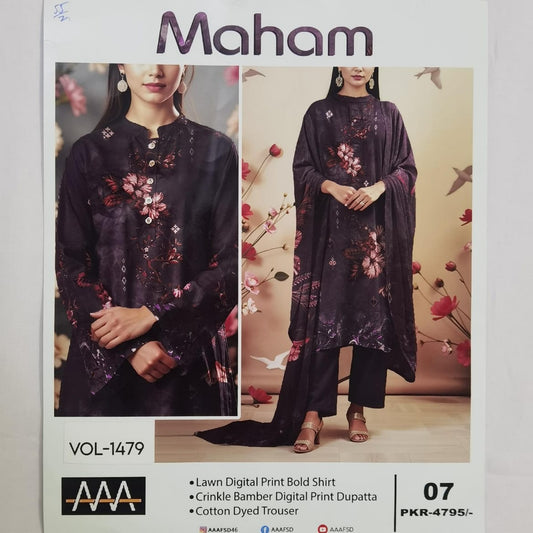 Lara Studio Maham Libas Vol-1479 | 3-Piece Lawn Suit – Bold Digital Print Shirt, Crinkle Bamber Dupatta & Cotton Trouser