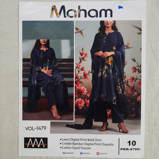 Lara Studio – Maham Libas Vol-1479 | Lawn Digital Print Suit with Crinkle Bamber Dupatta – PKR 3600