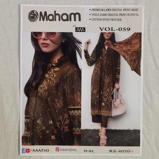 Lara Studio – Maham Libas Vol-59 | Premium Lawn Digital Print Suit with Voile Zarri Dupatta – PKR 3499