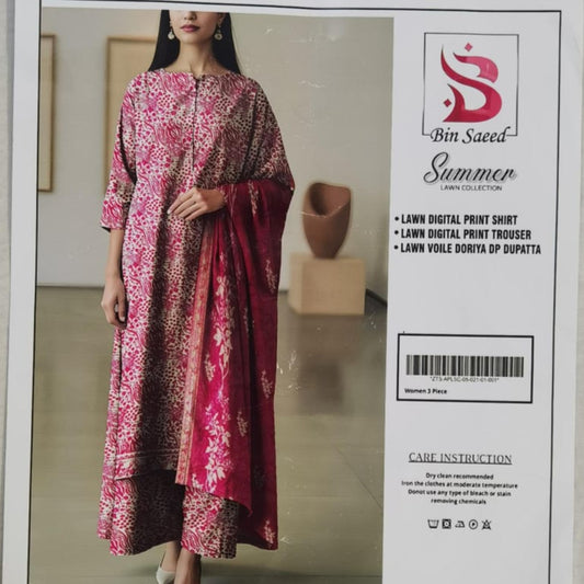Lara Studio – Bin Saeed Summer Lawn Collection Vol-1493 | Digital Print Lawn Suit with Voile Doriya Dupatta – PKR 3699