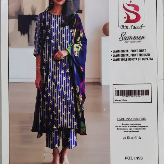 Lara Studio – Bin Saeed Summer Lawn Collection Vol-1493 | Digital Print Lawn Suit with Voile Doriya Dupatta – PKR 3699