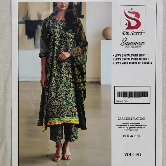 Lara Studio – Bin Saeed Summer Lawn Collection Vol-1493 | Digital Print Lawn Suit with Voile Doriya Dupatta – PKR 3699