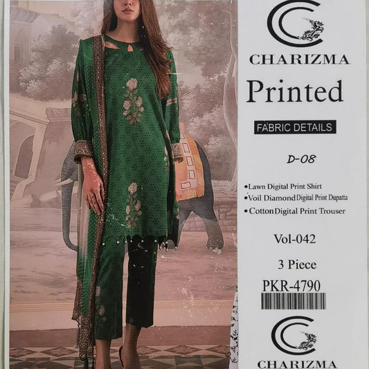 Lara Studio – Charizma Printed Vol-42 D-08 | 3-Piece Lawn Digital Print Suit with Voil Diamond Dupatta – PKR 3699